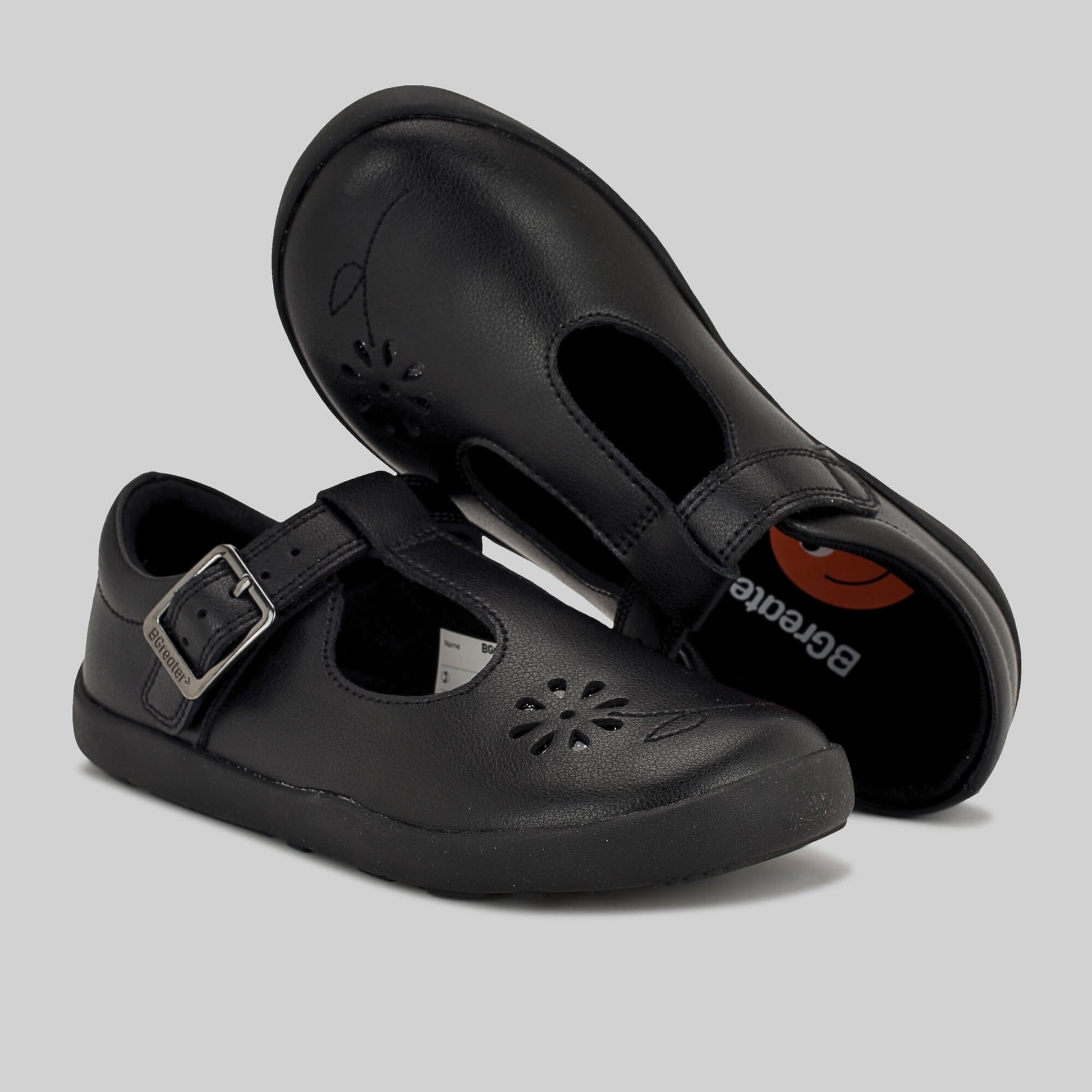 Matte black barefoot girls school shoe - top side - benefits
