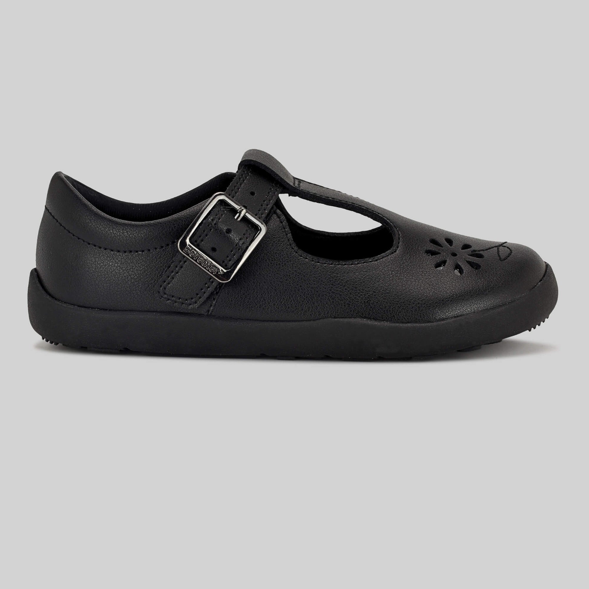 Matte black barefoot girls school shoe - outside