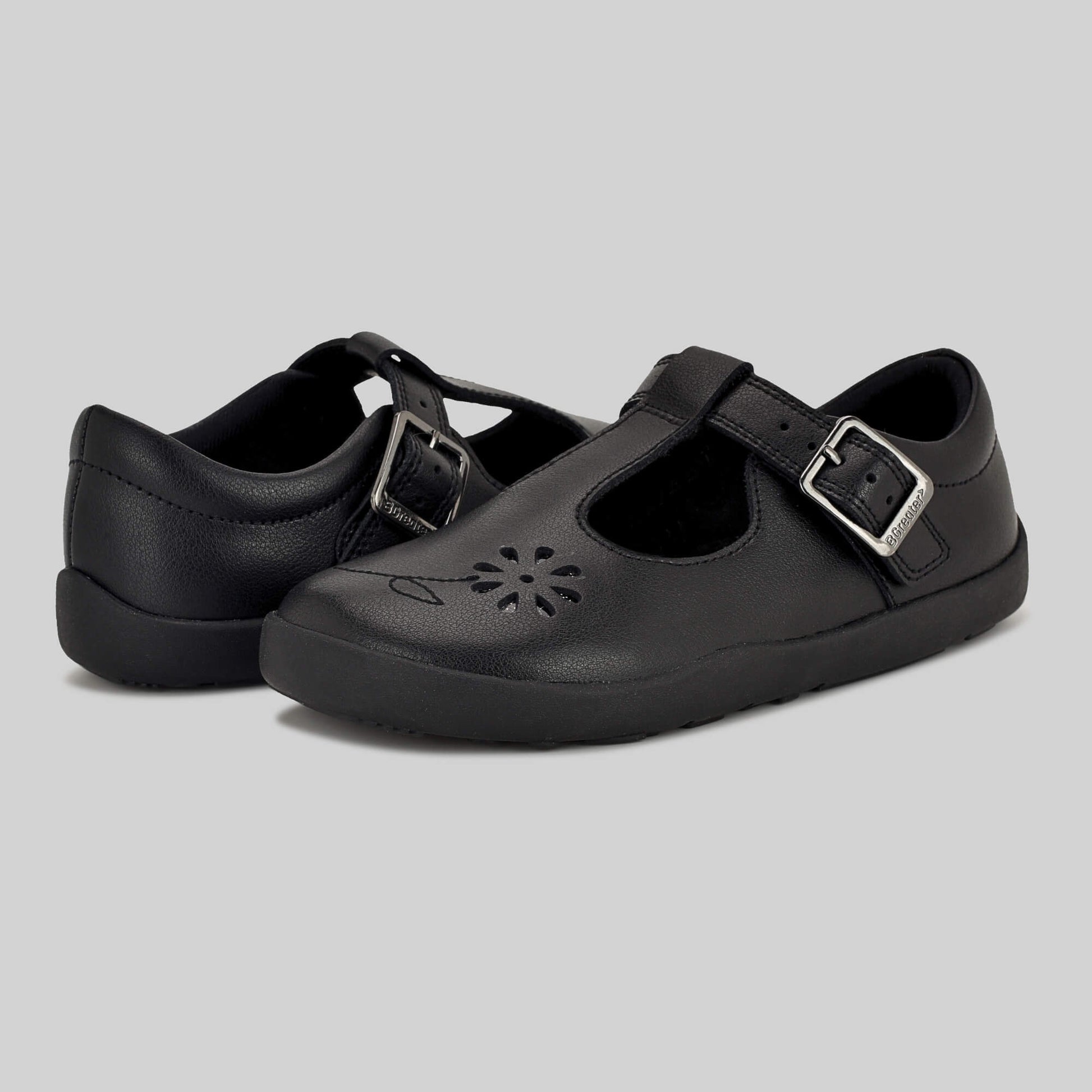 Matte black barefoot girls school shoe - pair facing