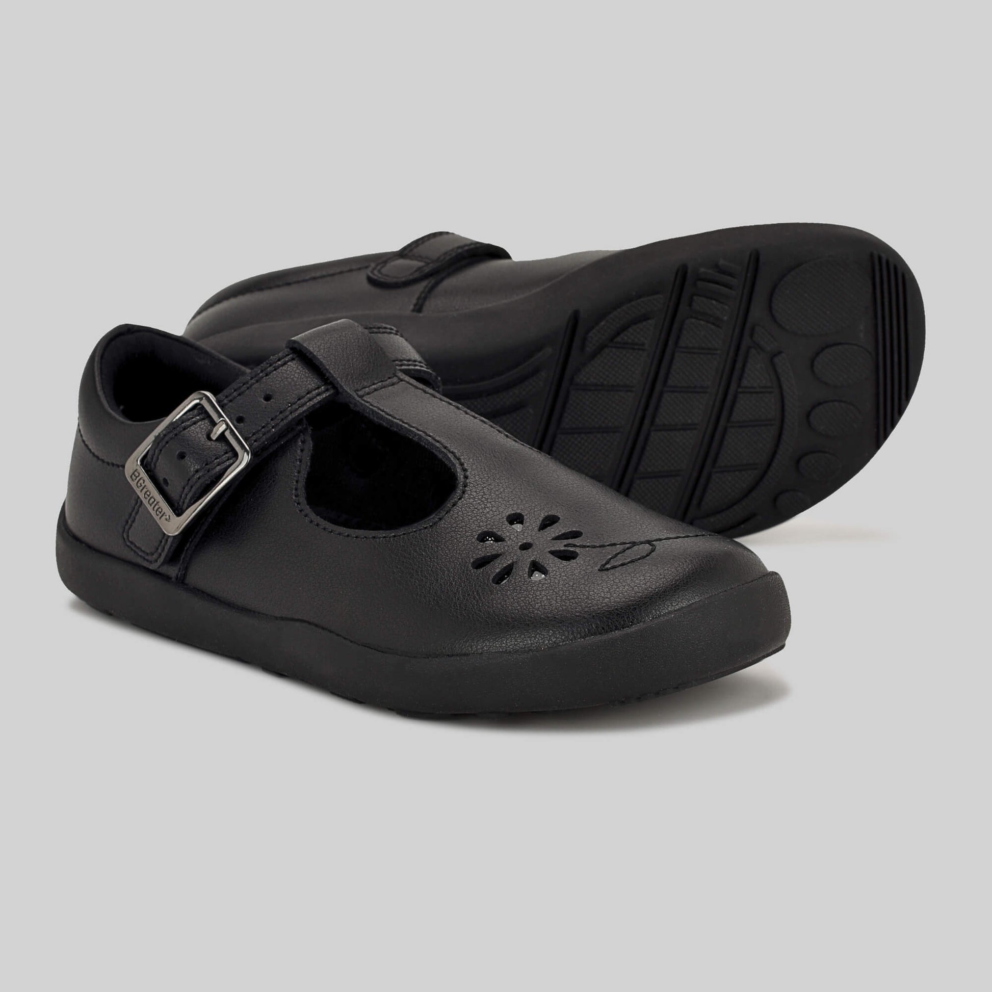 Matte black barefoot girls school shoe - pair with sole