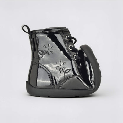 Girls Patent Black Laced Boot - flexed