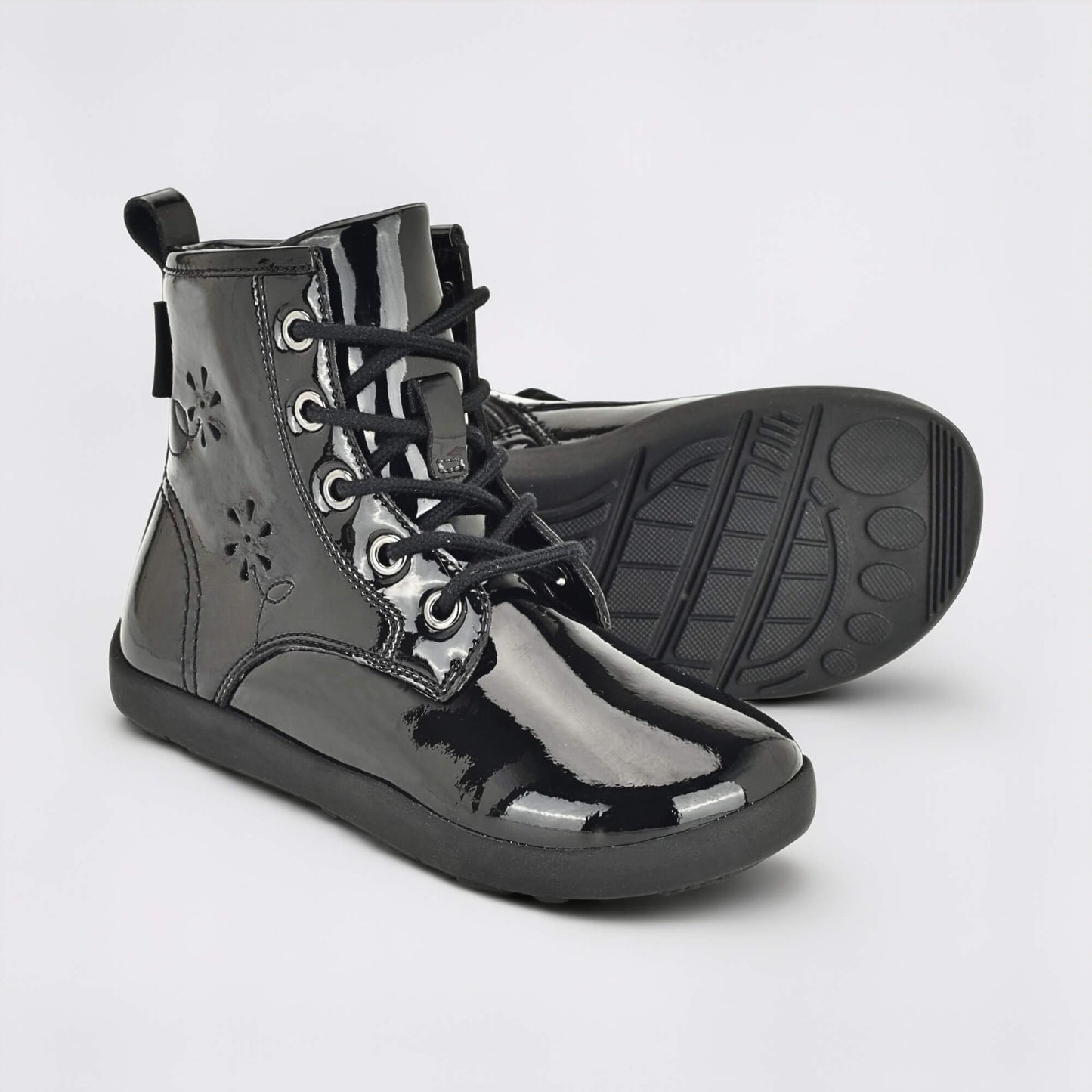 Girls Patent Black Laced Boot - pair with sole