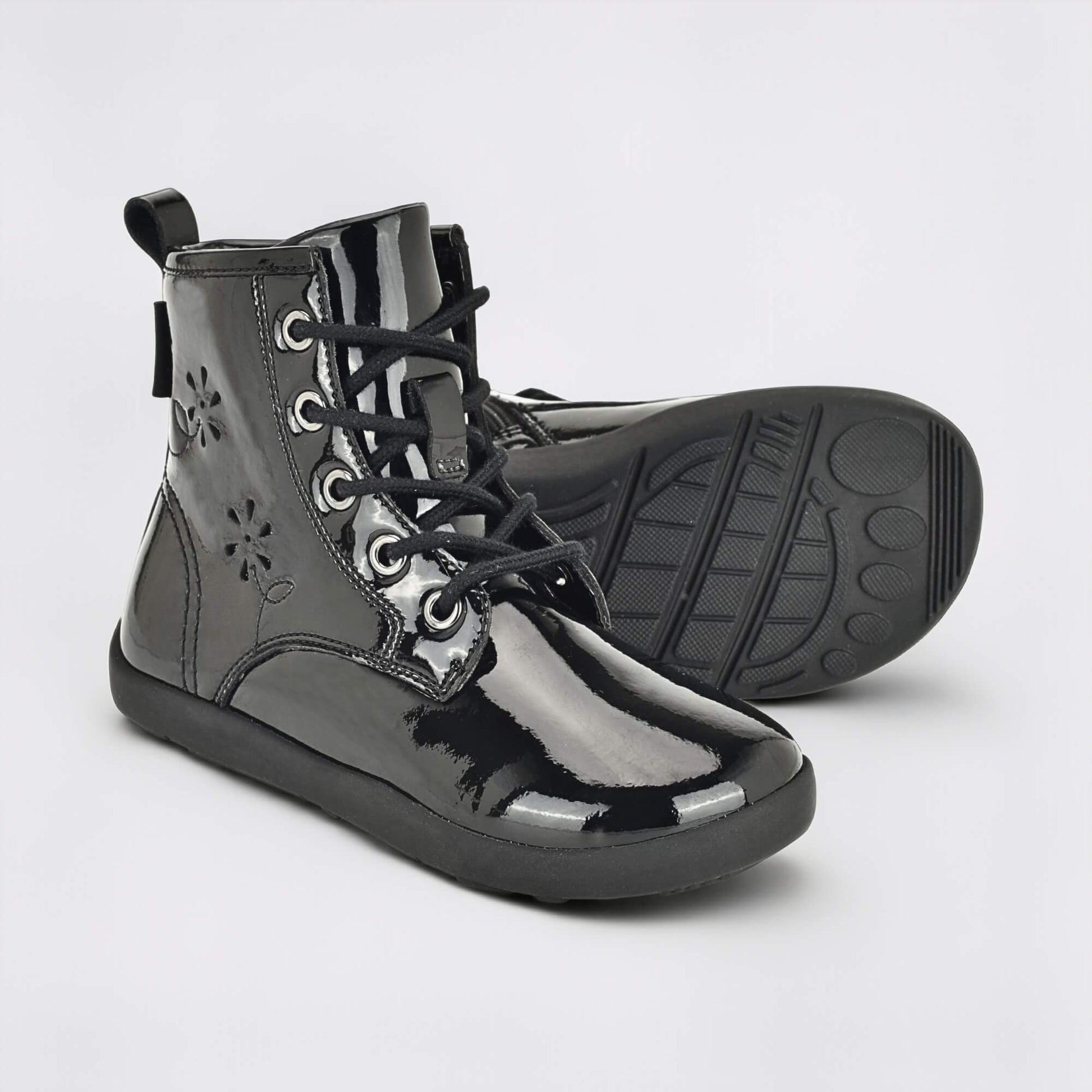 Girls Patent Black Laced Boot - pair with sole