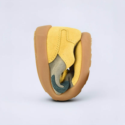 Kids Suede Velcro Trainer Brown Yellow - flexed