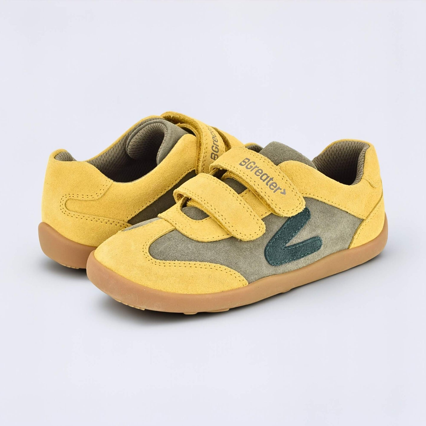 Kids Suede Velcro Trainer Brown Yellow - pair facing