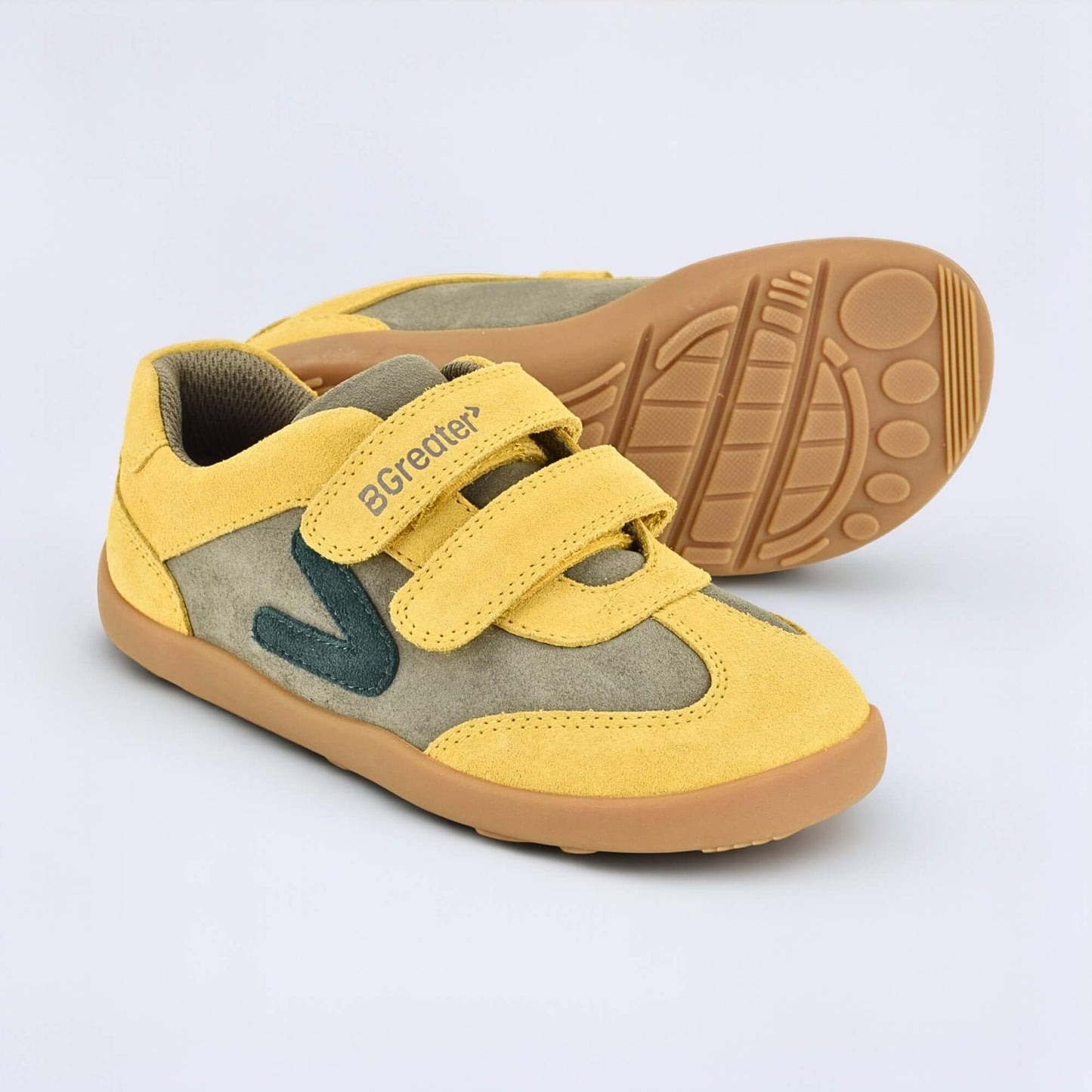 Kids Suede Velcro Trainer Brown Yellow - pair with sole