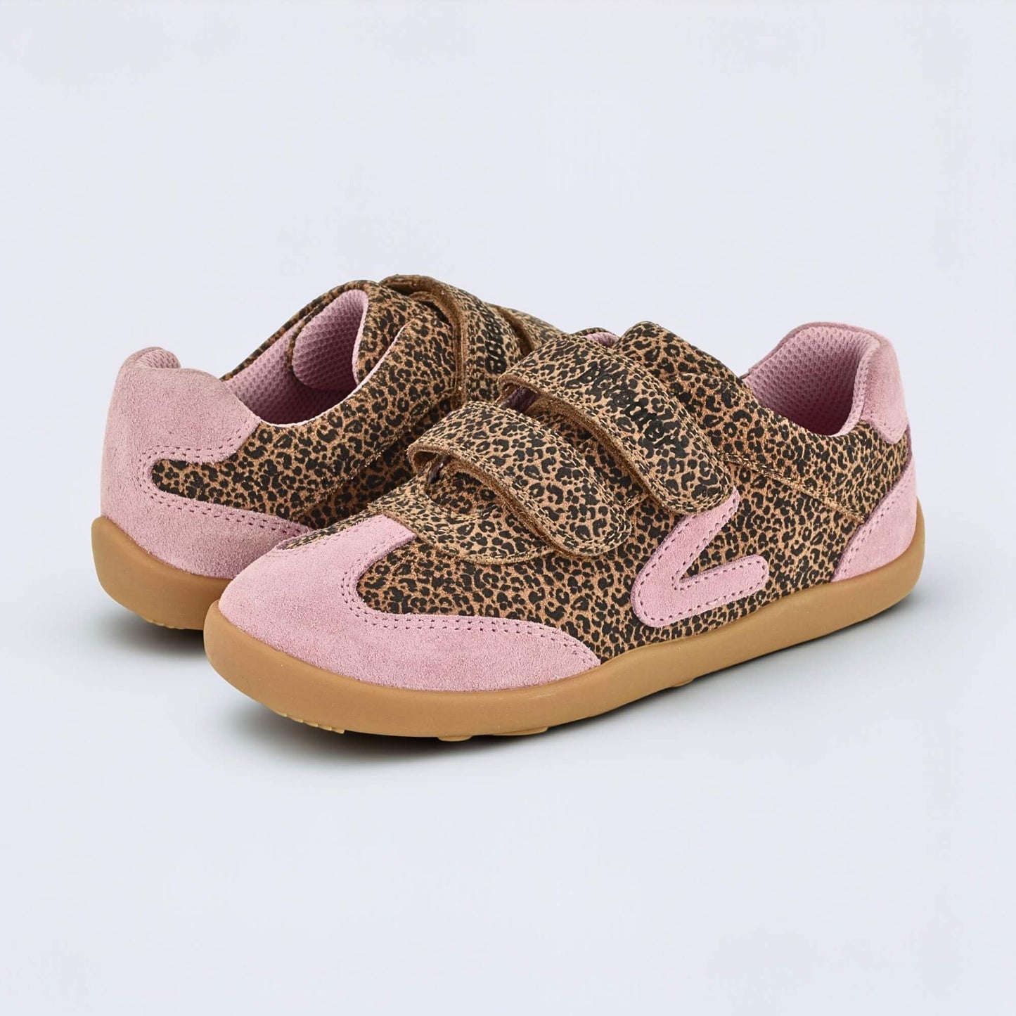 Kids Suede Velcro Trainer Pink Leopard - pair facing
