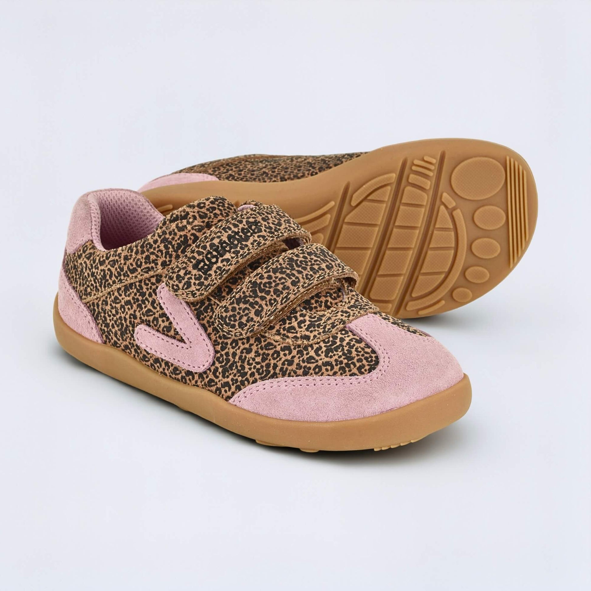 Kids Suede Velcro Trainer Pink Leopard - pair with sole