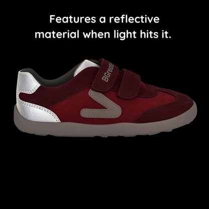 Kids Suede Velcro Trainer Red - in the dark showing reflective material.