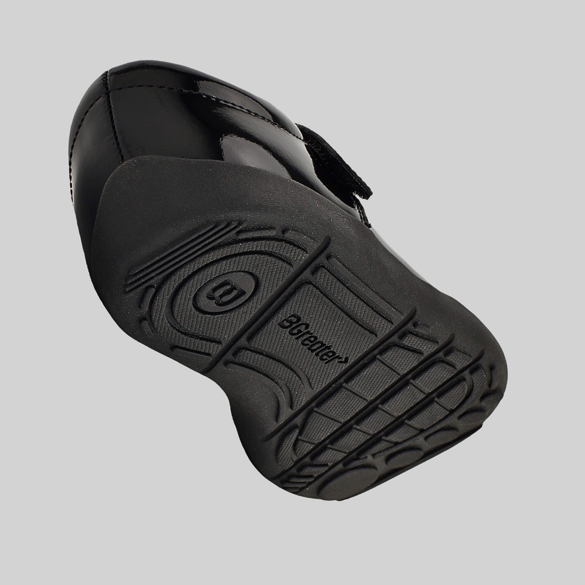 Patent black barefoot girls school shoe - floating shot