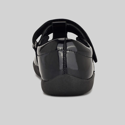 Patent black barefoot girls school shoe - back