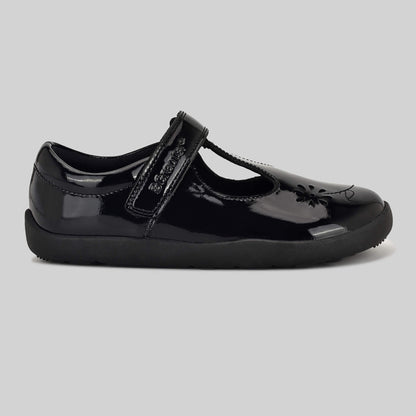 Patent black barefoot girls school shoe - outside