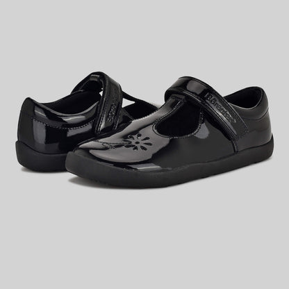Patent black barefoot girls school shoe - pair front and back
