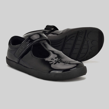 Patent black barefoot girls school shoe - pair with sole showing