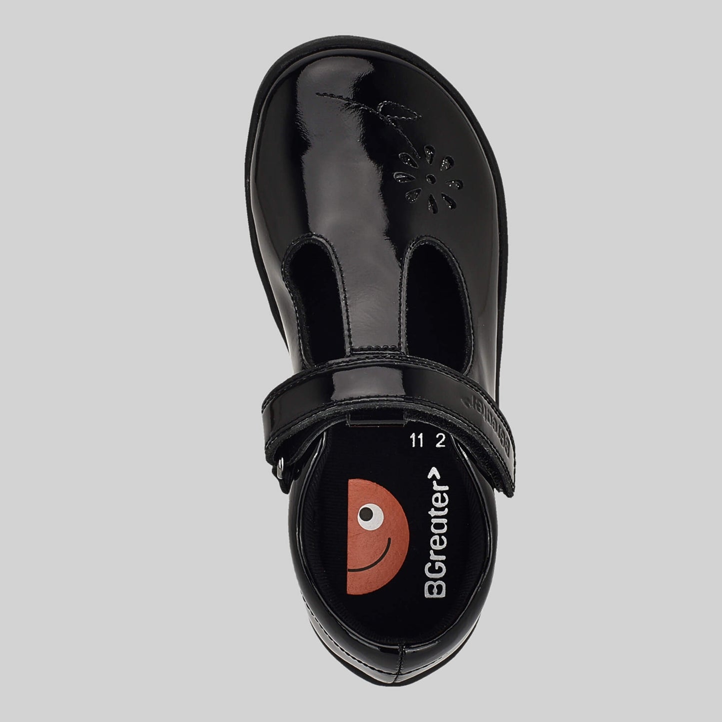 Patent black barefoot girls school shoe - top