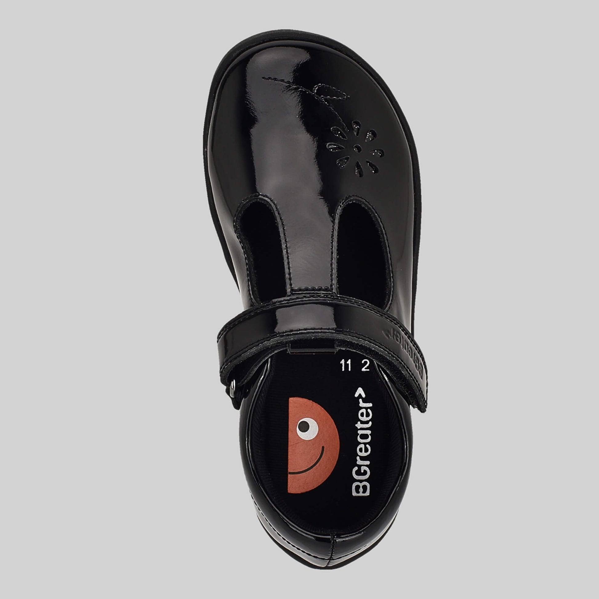 Patent black barefoot girls school shoe - top