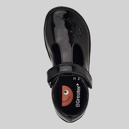 Patent black barefoot girls school shoe - top